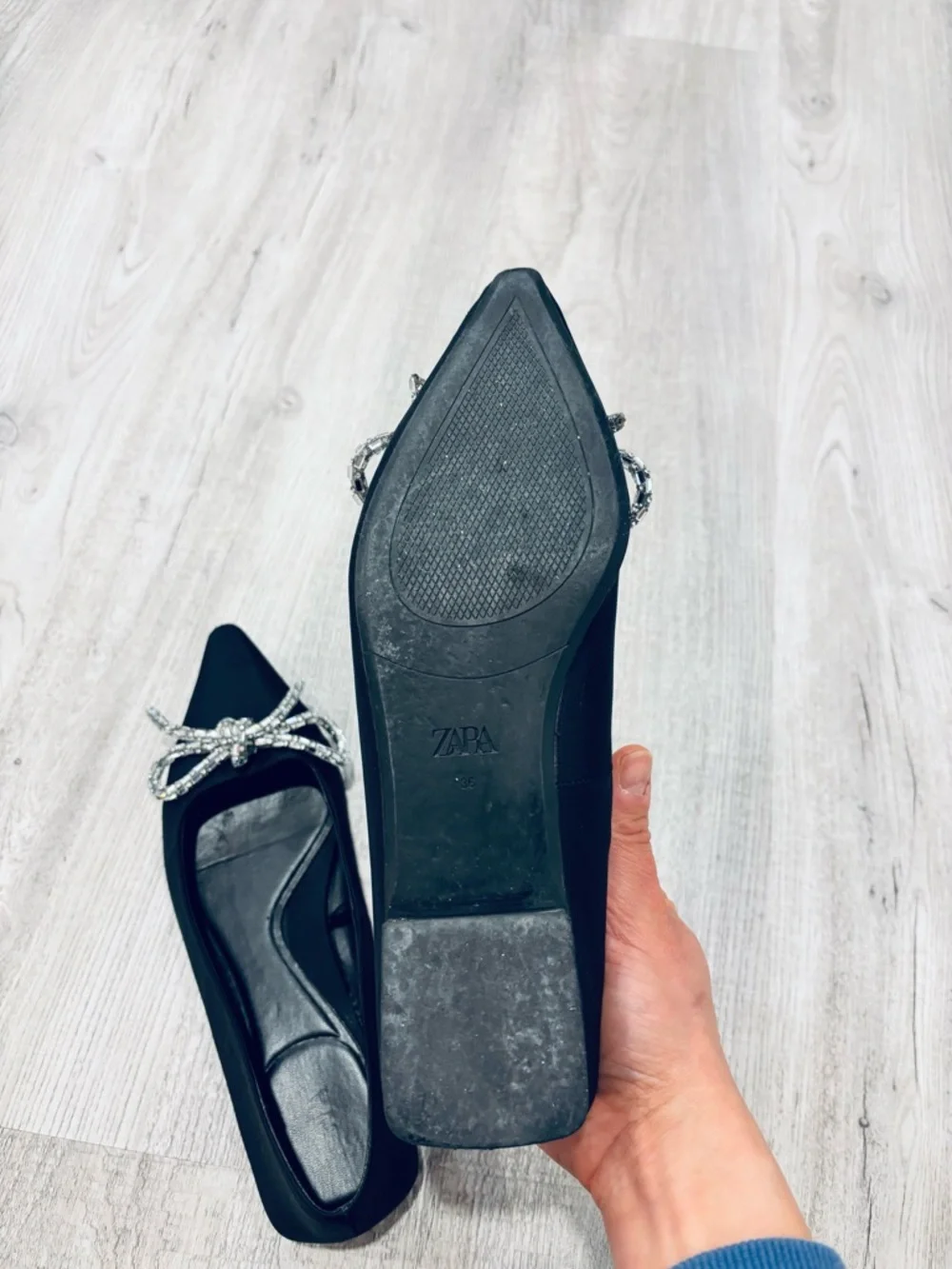 Zara Black Satin Ballet Flats with Embellished Bow Size 36 - Picture 8 of 8
